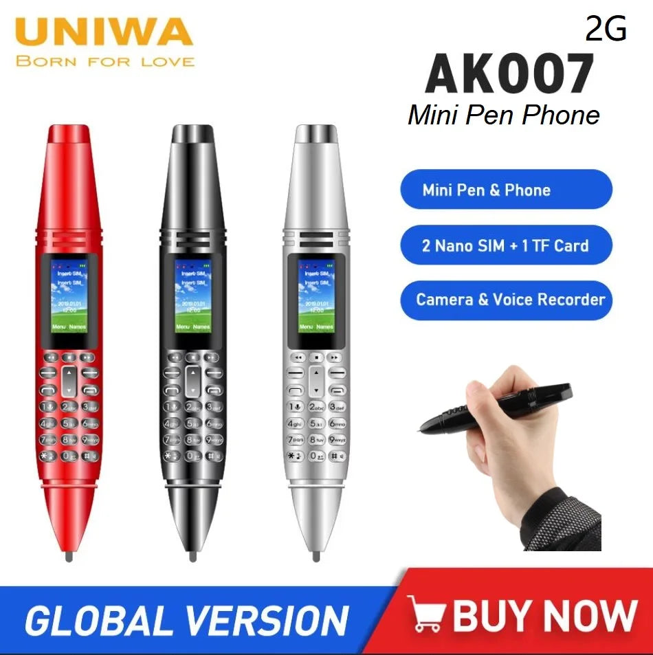 UNIWA AK007 2G Mini Pen Phone Dual Nano SIM Cellphone 0.96" 550mAh Mobile Phone Bluetooth Dialer 0.08MP Camera Voice Recorder Aimak Store