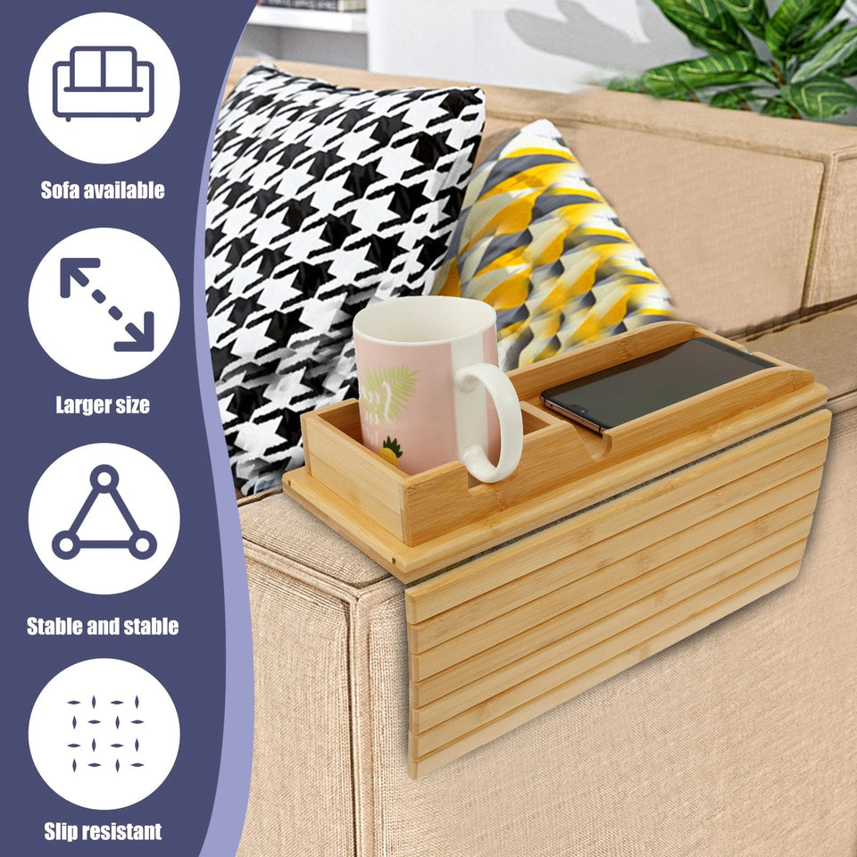 Couch Cup Holder Bamboo Wood Sofa Armrest Tray Foldable Sofa Cup Holder Anti-Slip Couch Arm Cup Holder Sofa Side Storage Tray Aimak Store