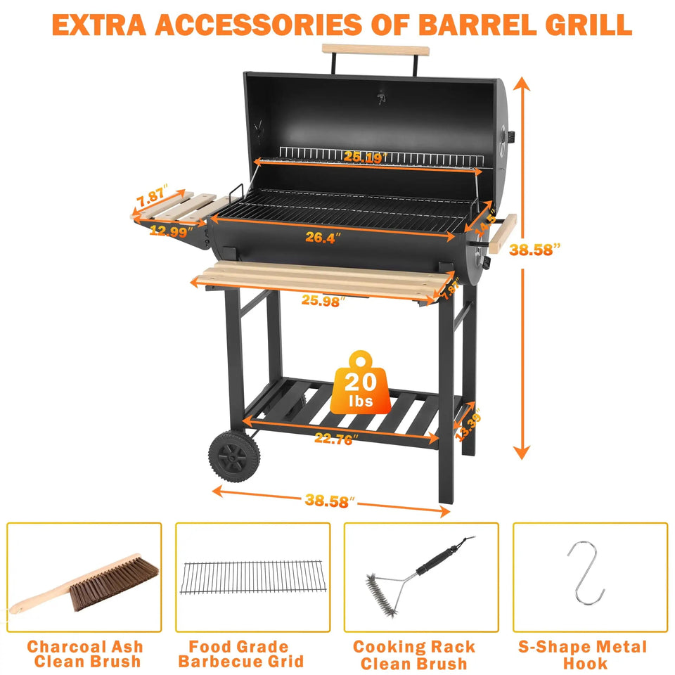 30-Inch Barrel Charcoal Grill with Warming Rack & Front Storage Basket, Outdoor BBQ Grill with 956 sq. in. Grilling Area Aimak Store