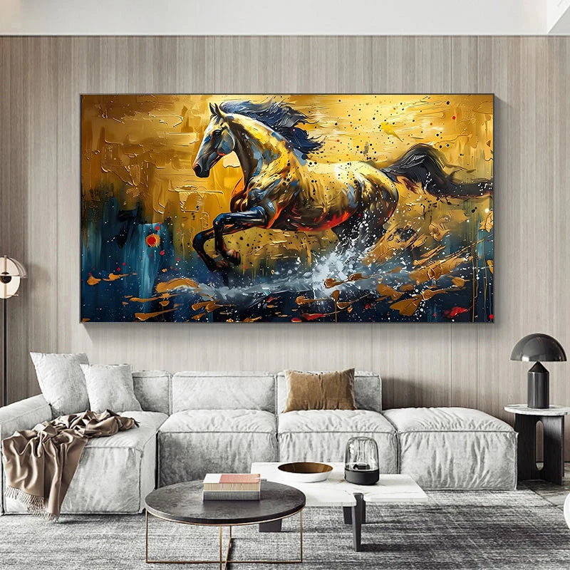 Abstract Black Gold Horse Print Canvas Painting, Modern Textured Running Horse Poster Wall Art, For Living Room Decor, No Frame Aimak Store