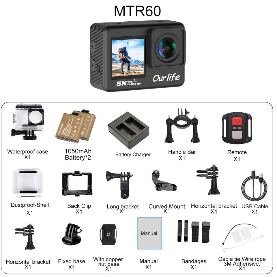 Ourlife MTR60 Pro 5K Action Camera 2 inch IPS Touch Screen 170° 30M Waterproof WiFi 5X Zoom Action Helmet Sports Camera With EIS Aimak Store