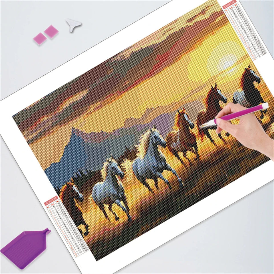 Huacan Wild Horses Diamond Painting Artistic Landscape Gem Canvas Wall Art Diamond Embroidery Full Round Rhinestones Aimak Store