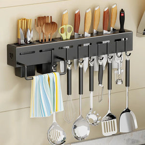 Stainless Steel Frame Wall Mounted Knife Holder Kitchen Nail Free Storage Rack Knife With Hook Kitchen Cabinet Storage Rack Aimak Store