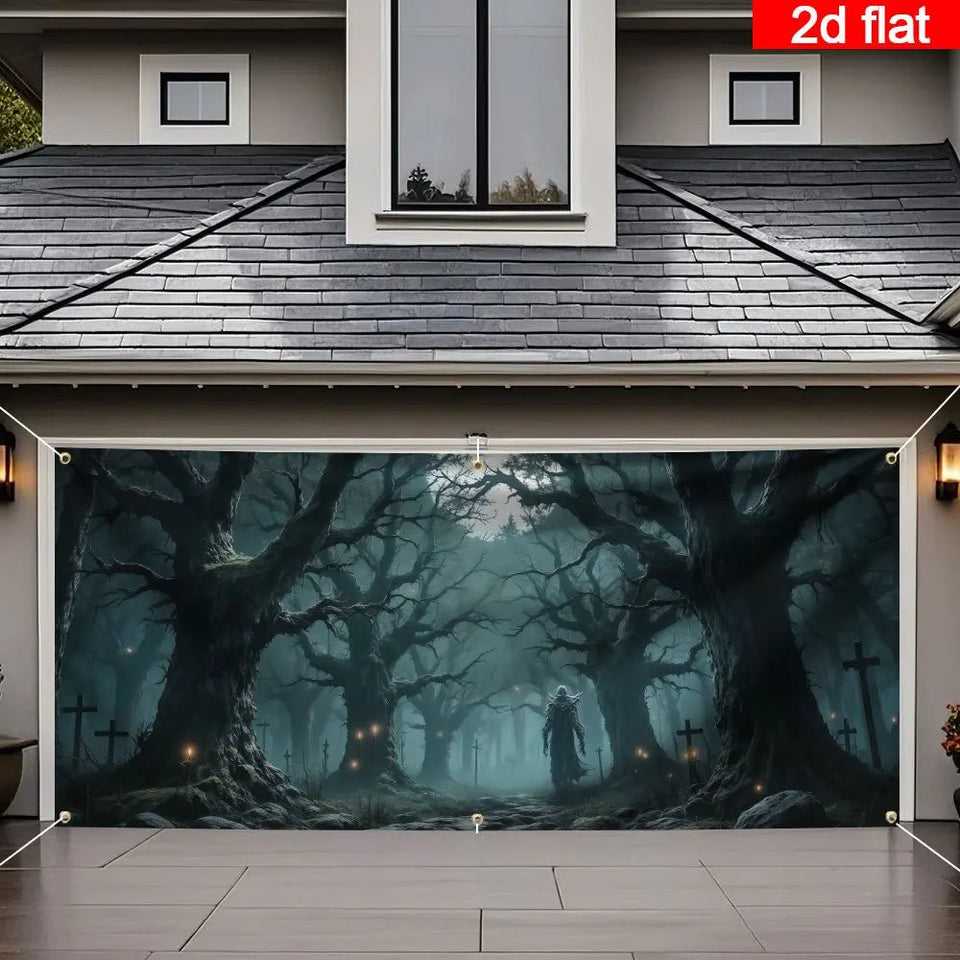 2D banner 1 piece, Halloween Garage Door - Scary forest, Cape figure, Twisted tree, garage door cover Halloween decoration Aimak Store