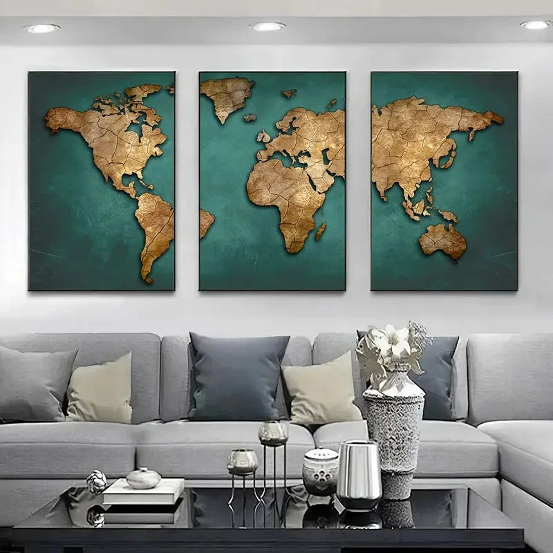 Retro World Map 3pcs/set Canvas Posters Nordic Wall Decor Wall Art Canvas Painting Living Room Bedroom Corridor Wall Decoration Aimak Store