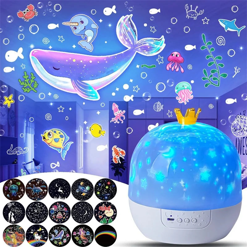 Crown Star Light Projection Rotating Star Bedroom Ceiling Atmosphere Night Lamp Stars Childrens Birthday Gift with Films Sheet Aimak Store