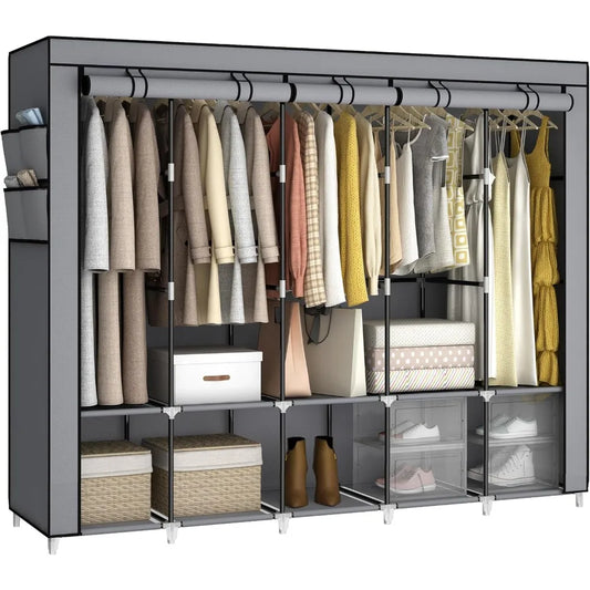 Portable Closet Wardrobe, Clothes Storage Rack Organizer with Cover, Side Pockets, 5 Clothes Hanging Rods