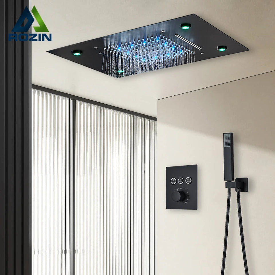 Black Thermostatic Bathroom Shower Faucet Set Remote LED Rainfall Head Faucets Crane 3 Way Concealed Embedded Hot Cold Mixer Tap Aimak Store