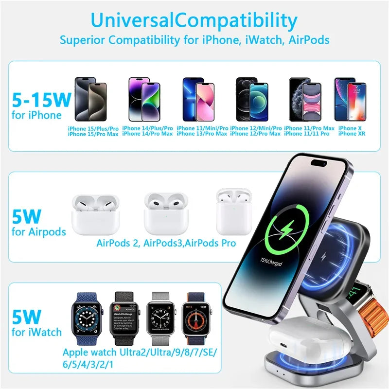 3 In 1 Foldable Magnetic Wireless Charger Stand For iPhone 16 15 14 Samsung IWatch AirPods 3/2 Station Dock Fast Charging Holder Aimak Store