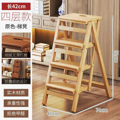 Multi-functional Bamboo Wood Folding Ladder Chair Kitchen Hat Rack 2 Step Ladder Province Space Stair Chair Plant Rack Furniture