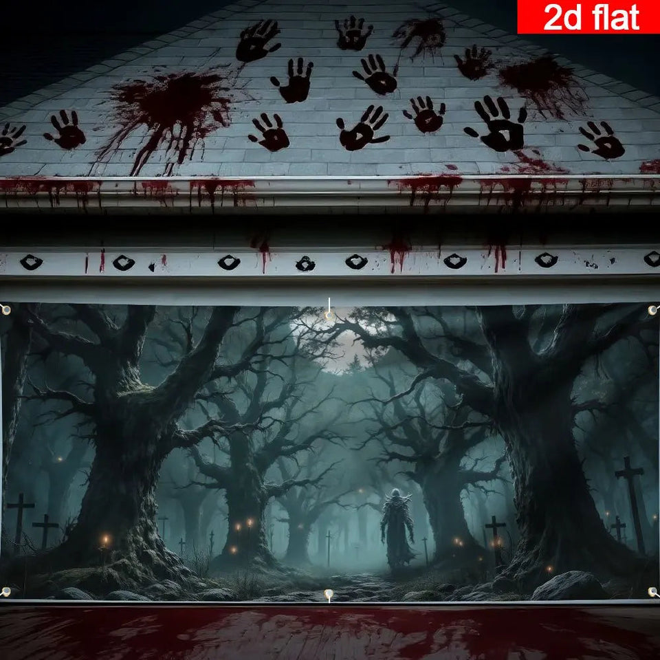 2D banner 1 piece, Halloween Garage Door - Scary forest, Cape figure, Twisted tree, garage door cover Halloween decoration Aimak Store