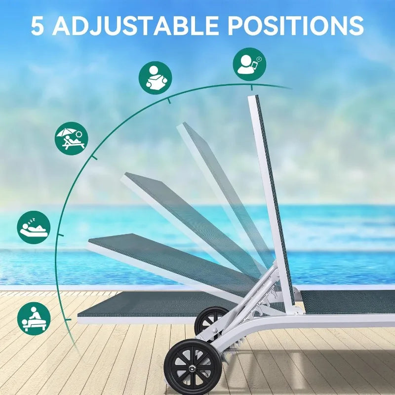 Aluminum Chaise Lounge Outdoor, Widened Patio Lounge Chair with Wheels, 5-Position Adjustable Sunbathing Recliner for Poolside Aimak Store