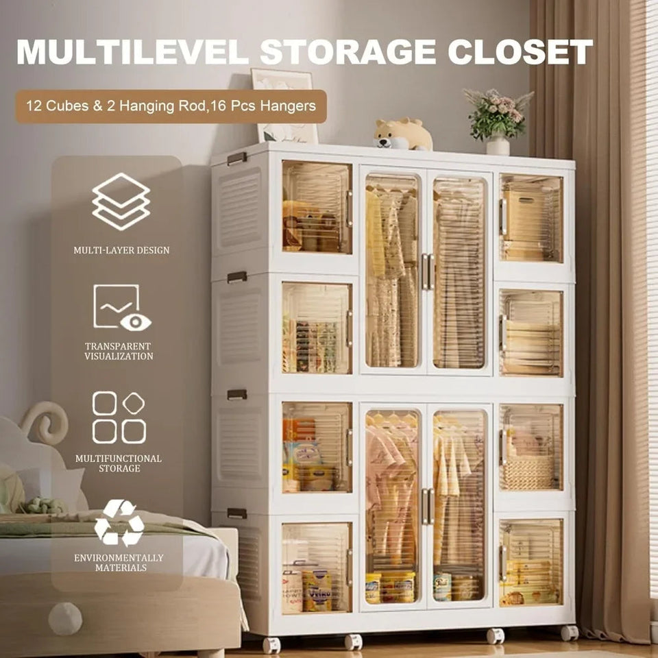 Portable Wardrobe Closet, Large Collapsible Plastic Wardrobe with Wheels, Foldable Clothes Storage Cabinet with 8 Shelves Aimak Store
