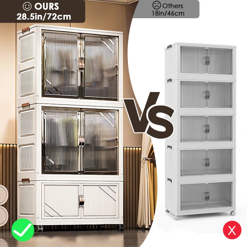 3-Tier Foldable Kids Wardrobe Storage Cabinet with Magnetic Doors & Wheels，Customizable Setup for Home Nursery Organization Aimak Store