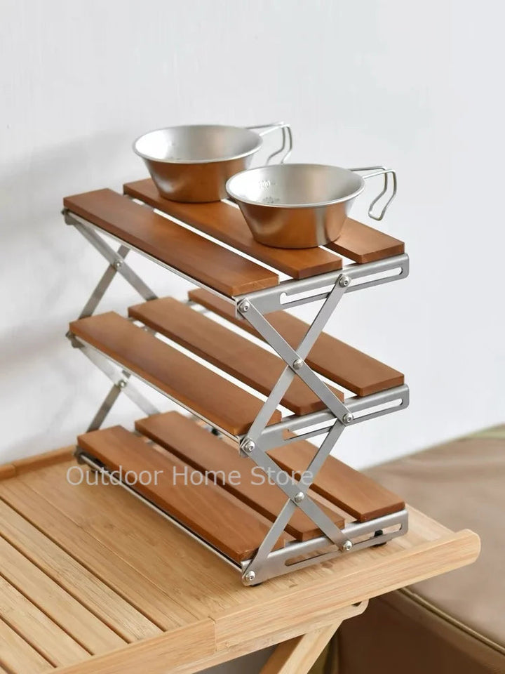 Camping Folding Shelf Outdoor Garden Wood Coffee Table Portable Lightweight Storage Rack Picnic Tourist Adjustable Shell Table Aimak Store
