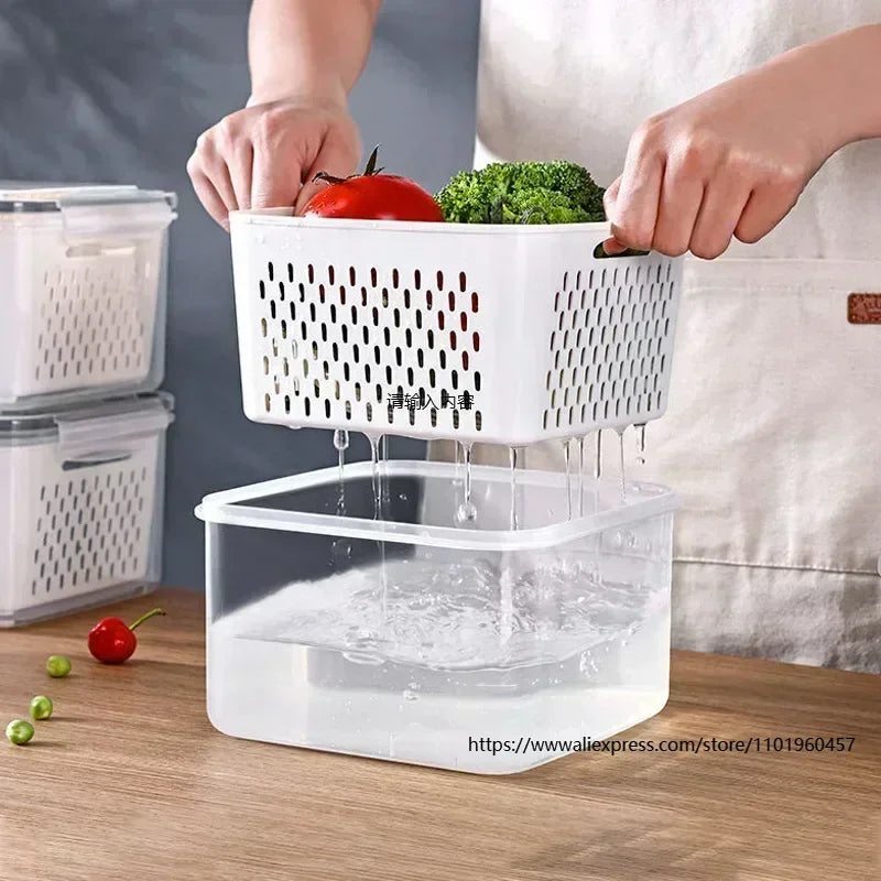 Multipurpose Refrigerator Storage Container with Drain Basket Crisper and Storage Box for Fruits Vegetables Aimak Store