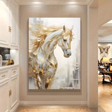 Frameless Golden Horse Canvas Wall Art Modern Decor with Urban Backdrop,White Golden Abstract Painting for Living Room Bedroom Aimak Store