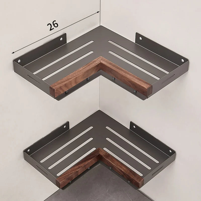 Bathroom Shelf Corner Space Aluminum Wood Bathroom Triangle Basket Shower Room Storage Rack Wall Mounted Aimak Store