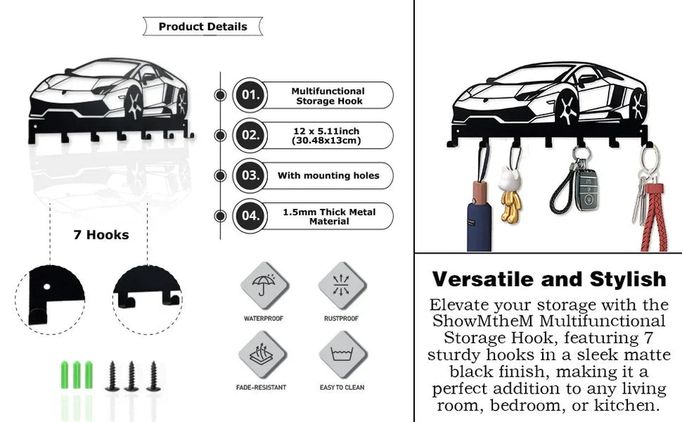 Metal Key Holder for Wall, Car Metal Key Organizer Wall Decorative with 7 Hooks, Black Wall Mount Key Holder for Entryway Front Aimak Store