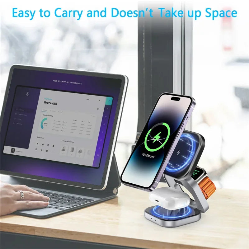 3 In 1 Foldable Magnetic Wireless Charger Stand For iPhone 16 15 14 Samsung IWatch AirPods 3/2 Station Dock Fast Charging Holder Aimak Store
