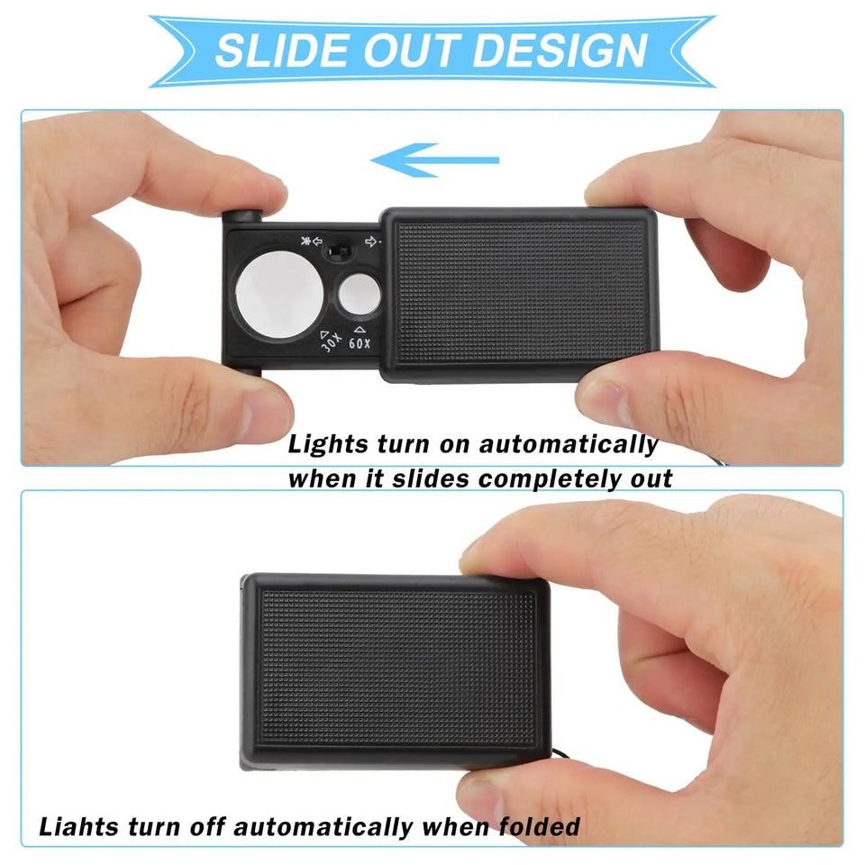 30X 60X Pocket Jewelry Magnifier Slide Out Illuminated Magnifying Glass with LED UV Light Handheld Loupe Lens For Diamond Coins Aimak Store