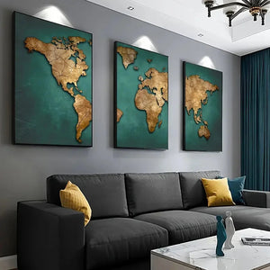 Retro World Map 3pcs/set Canvas Posters Nordic Wall Decor Wall Art Canvas Painting Living Room Bedroom Corridor Wall Decoration Aimak Store