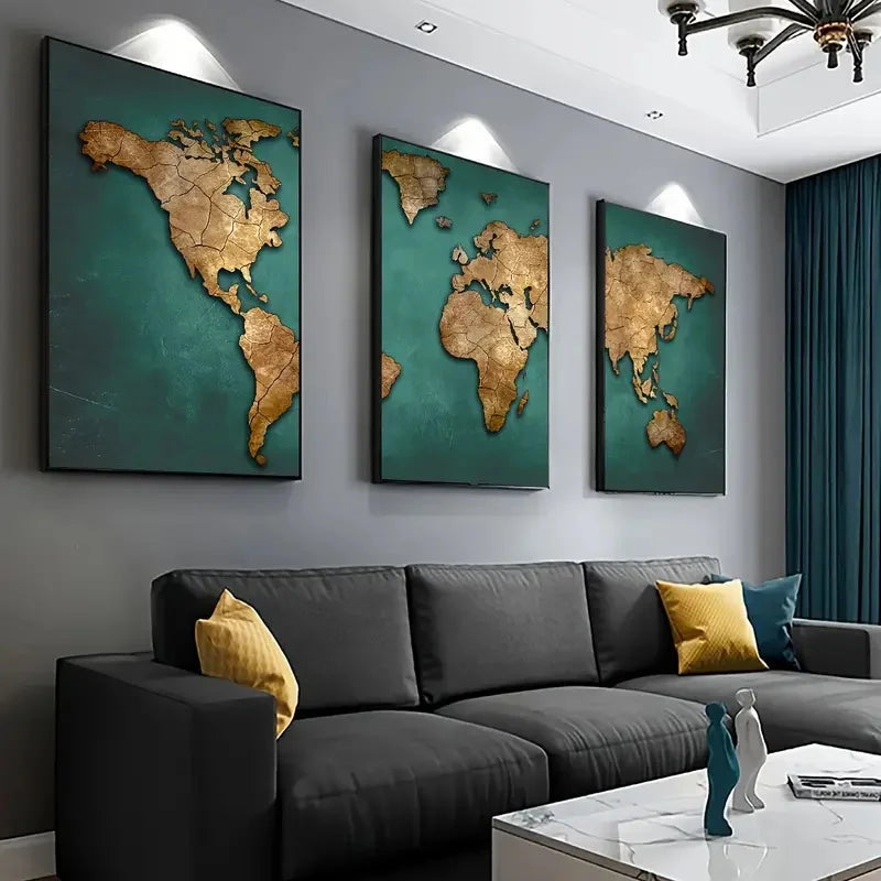 Retro World Map 3pcs/set Canvas Posters Nordic Wall Decor Wall Art Canvas Painting Living Room Bedroom Corridor Wall Decoration Aimak Store