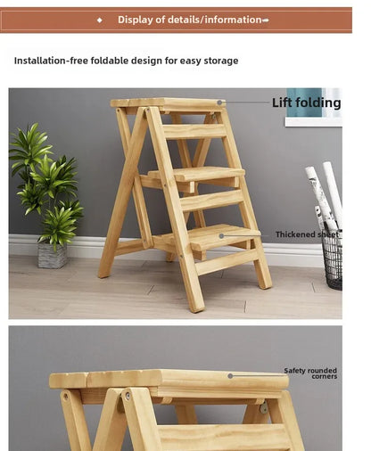 Multi-functional Bamboo Wood Folding Ladder Chair Kitchen Hat Rack 2 Step Ladder Province Space Stair Chair Plant Rack Furniture