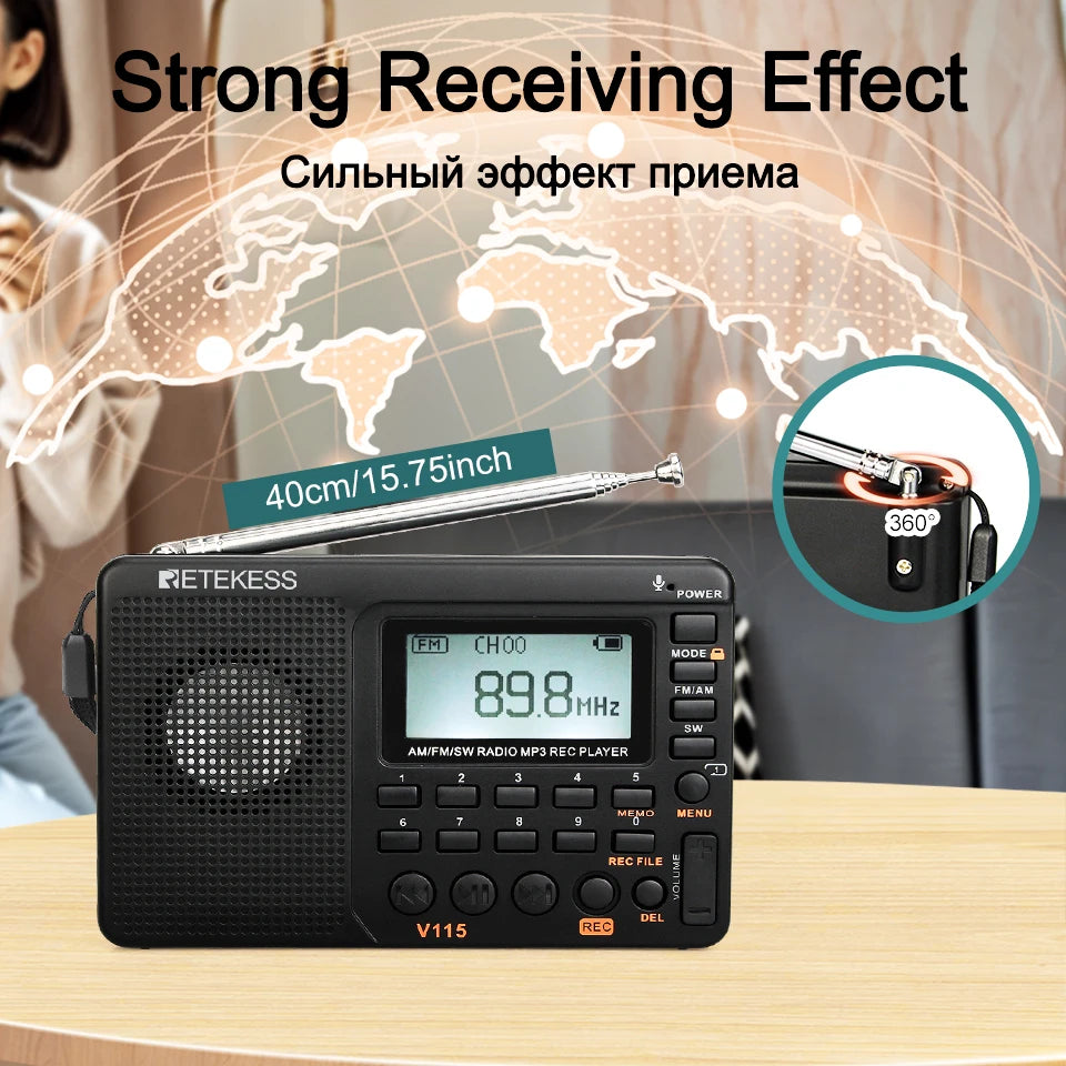 Retekess V115 Radio FM AM SW Portable Radios AM FM Rechargeable Shortwave Radio Battery Powered Full Waves USB Recorder For Gift Aimak Store