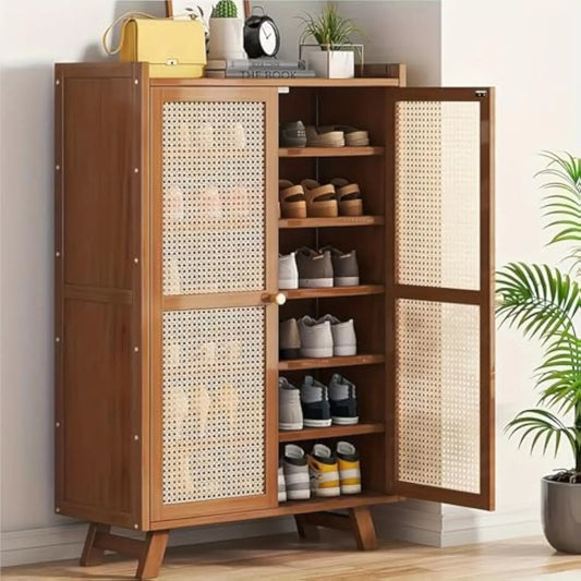 Bamboo Shoe Cabinet, 2-Door Entrance Shoe Cabinet, 7-Layer Standing Shoe Storage Box, Adjustable Shelf, Retro Shoe Cabinet Shoe