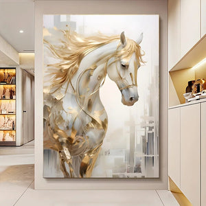 Frameless Golden Horse Canvas Wall Art Modern Decor with Urban Backdrop,White Golden Abstract Painting for Living Room Bedroom Aimak Store