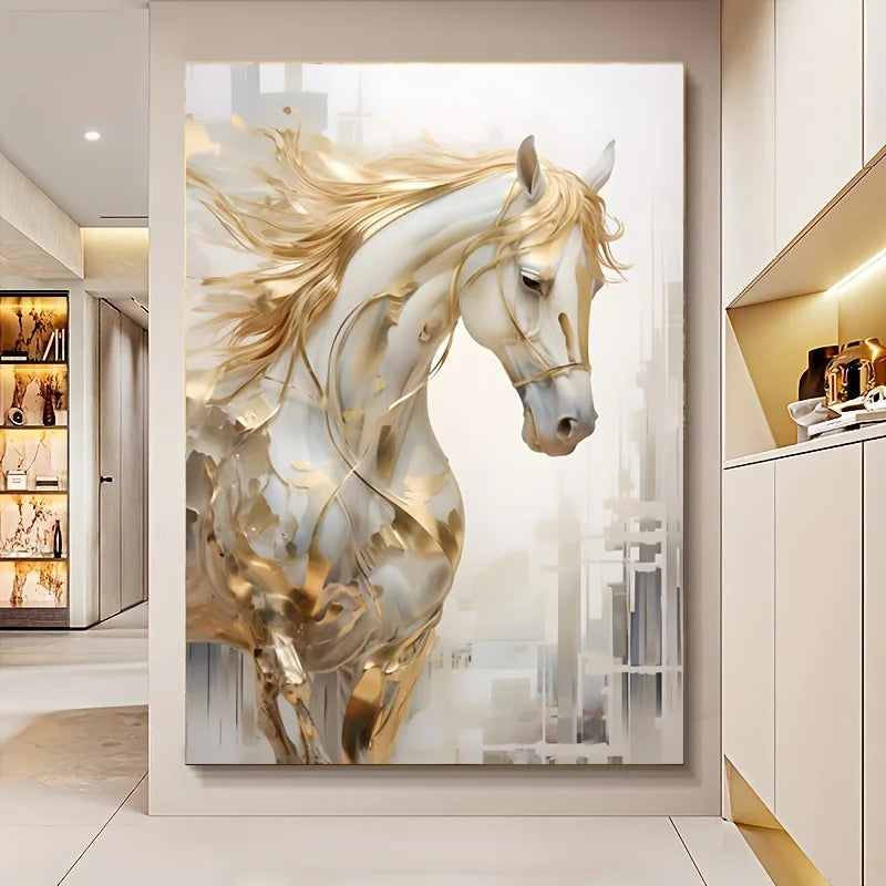 Frameless Golden Horse Canvas Wall Art Modern Decor with Urban Backdrop,White Golden Abstract Painting for Living Room Bedroom Aimak Store