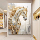 Frameless Golden Horse Canvas Wall Art Modern Decor with Urban Backdrop,White Golden Abstract Painting for Living Room Bedroom Aimak Store