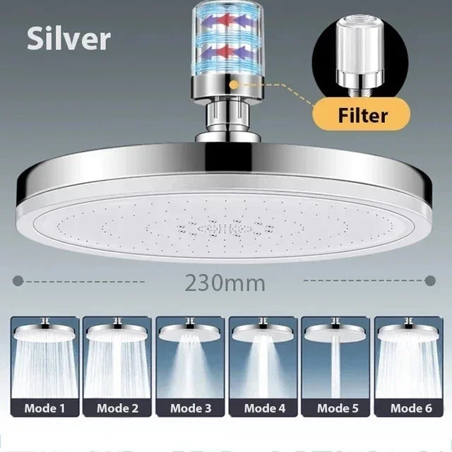 New 6 Modes Large Flow Supercharge Rainfall Shower Head 230mm Round High Pressure Top Spray Rain Showerhead Bathroom Accessories Aimak Store