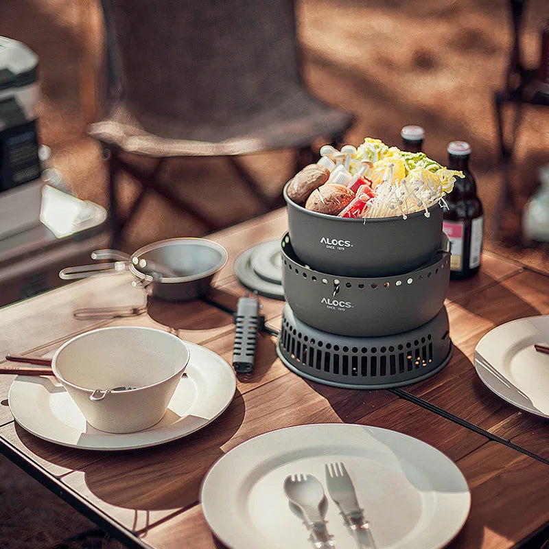 Outdoor Cooking Pot Set ALOCS CW-C05 Camping Portable Easy Storage Picnic Pot With Alcohol Stove Blast Proof Stove Cover Pot Aimak Store