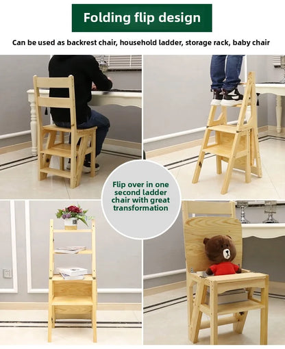 Innovative Multifunctional Household Ladder: Solid Wood Folding Storage, Dual-Use Ladder Chair, Climbing Stool for Home