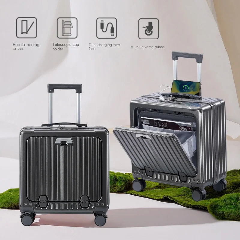 New Front Opening Lid Suitcase Multifunctional Mini Luggage Aluminium Frame 18/20 Boarding Box Trolley Case Cabin Bag Aimak Store