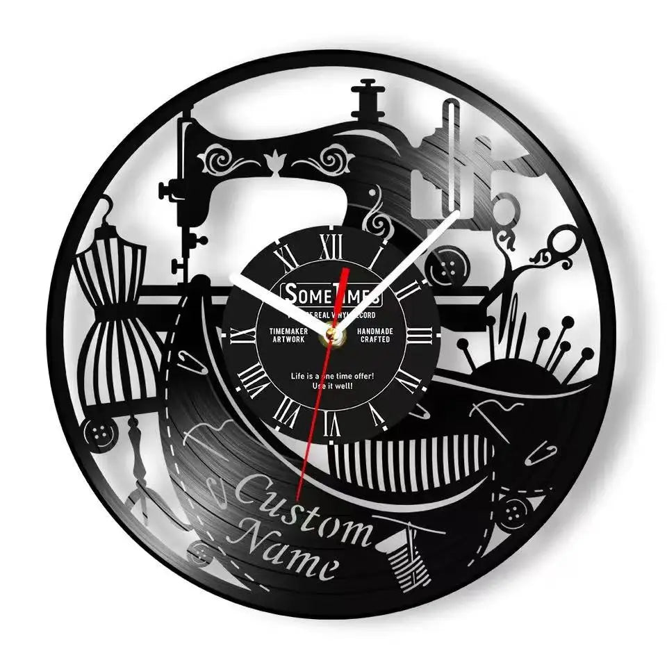 Sewing Machine Customization Vinyl Record Wall Clock Quilting Room Decoration Logo Personalized Tailor Name Clock Tailor Gift Aimak Store