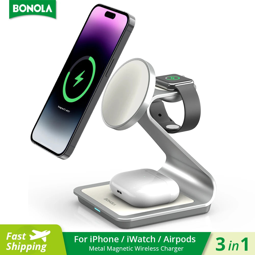 Bonola Magnetic 3 in 1 Wireless Charger for iPhone 15/13/14 Pro Max/12 30W Wireless Charging Station for Apple Watch/AirPods Pro Aimak Store