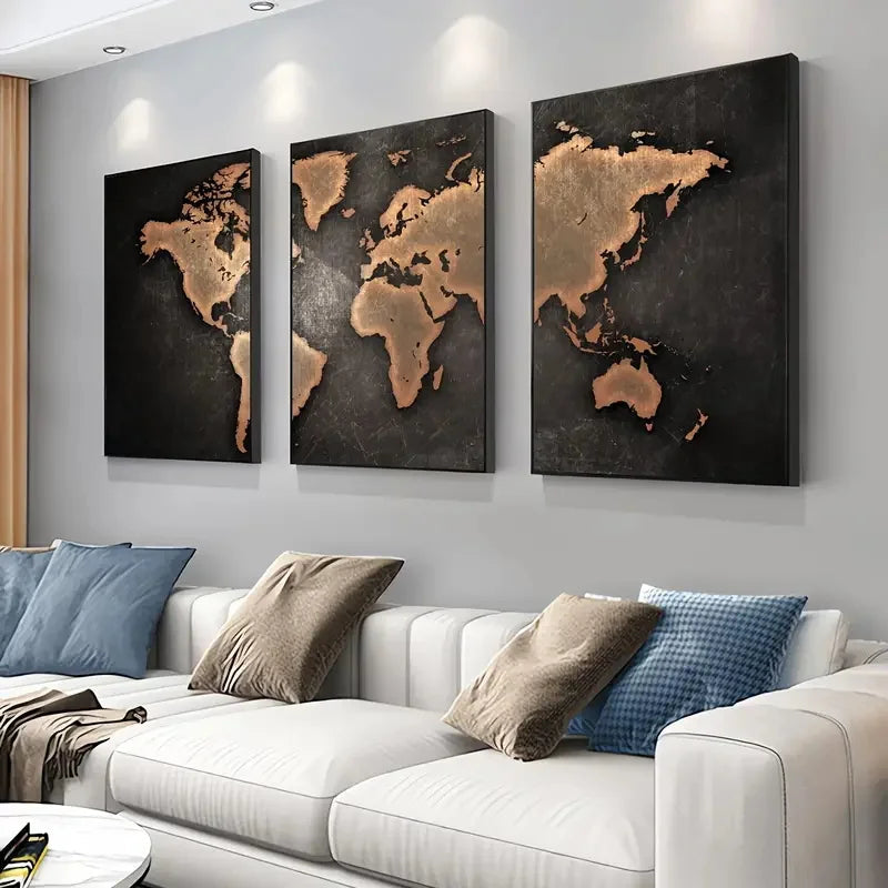 Retro World Map 3pcs/set Canvas Posters Nordic Wall Decor Wall Art Canvas Painting Living Room Bedroom Corridor Wall Decoration Aimak Store