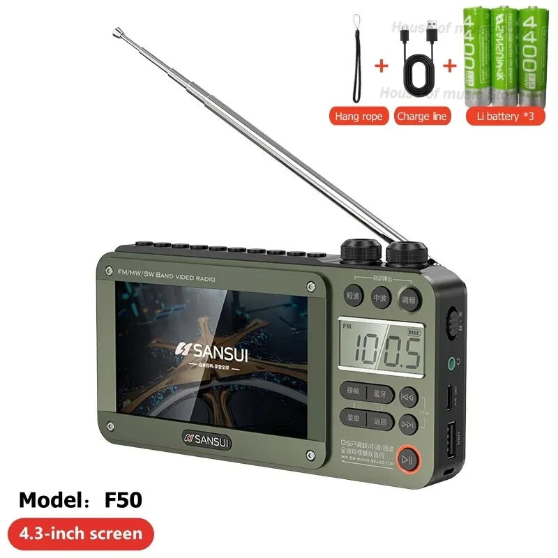 F50 Portable 4.3 inch LCD Screen Radio Multi-band HF AM Built-in Rechargeable Battery FM Bluetooth Radios Speakers Aimak Store