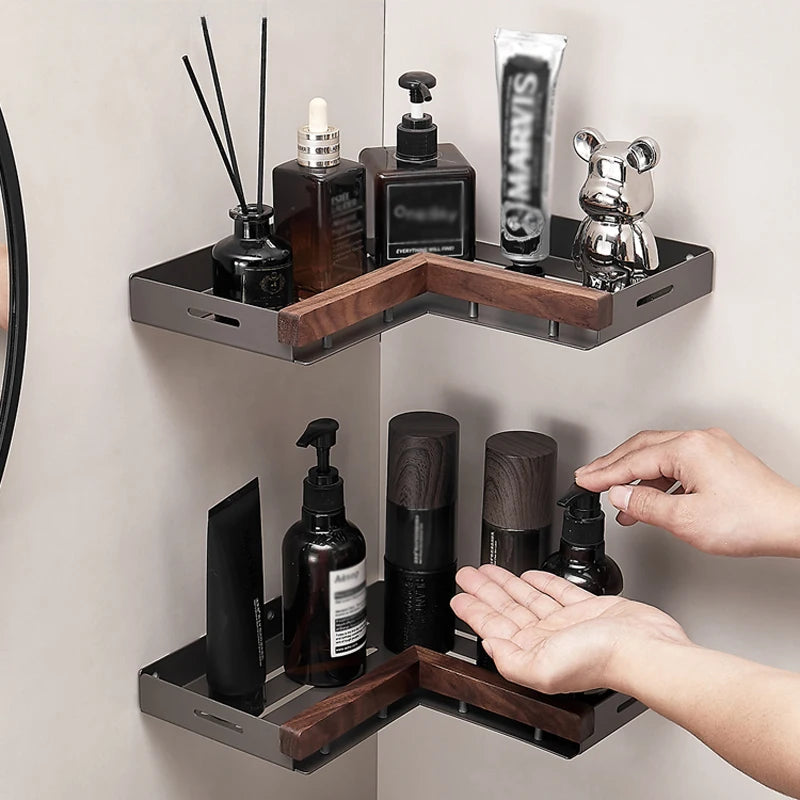 Bathroom Shelf Corner Space Aluminum Wood Bathroom Triangle Basket Shower Room Storage Rack Wall Mounted Aimak Store