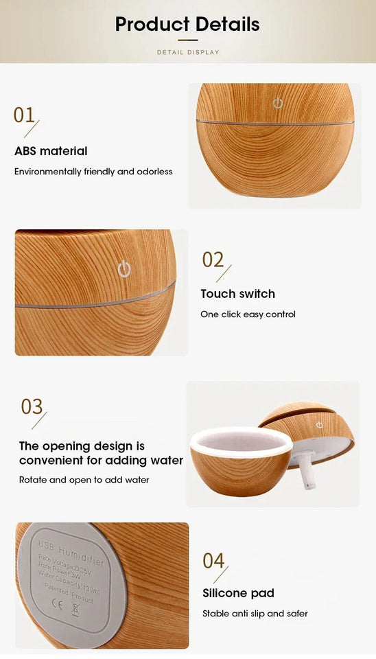 Mini Imitation Wood Sonic Humidifier USB Aromatherapy Essential Oil Diffuser Home Air Humidifier Desktop Woodgrain Humidifier Aimak Store