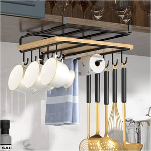 New Kitchen Hanging Organizer Rack with Hook Under Cupboard Paper Towel Rags Hanger Cutting Board Pot Cover Holder Storage Shelf Aimak Store