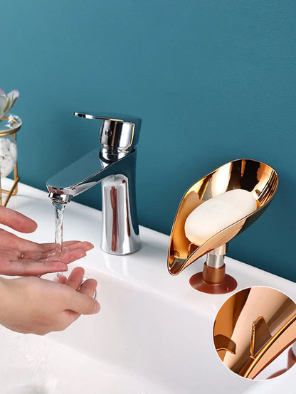 1pc- Gold Leaf shaped Soap tray Bathroom Toilet perforation-free drain soap rack Soap box