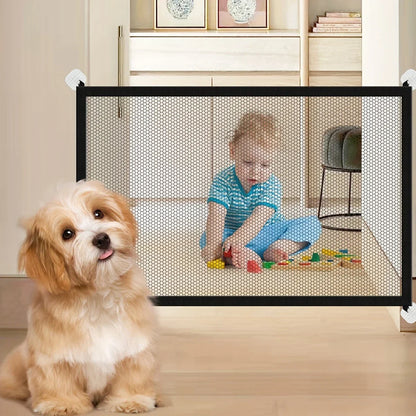 Pet Barrier Fence Baby Safety Gate Mesh with Telescopic Pole Hook Stairs Entrance Indoor Gate Fence Safety Protection Punch-free
