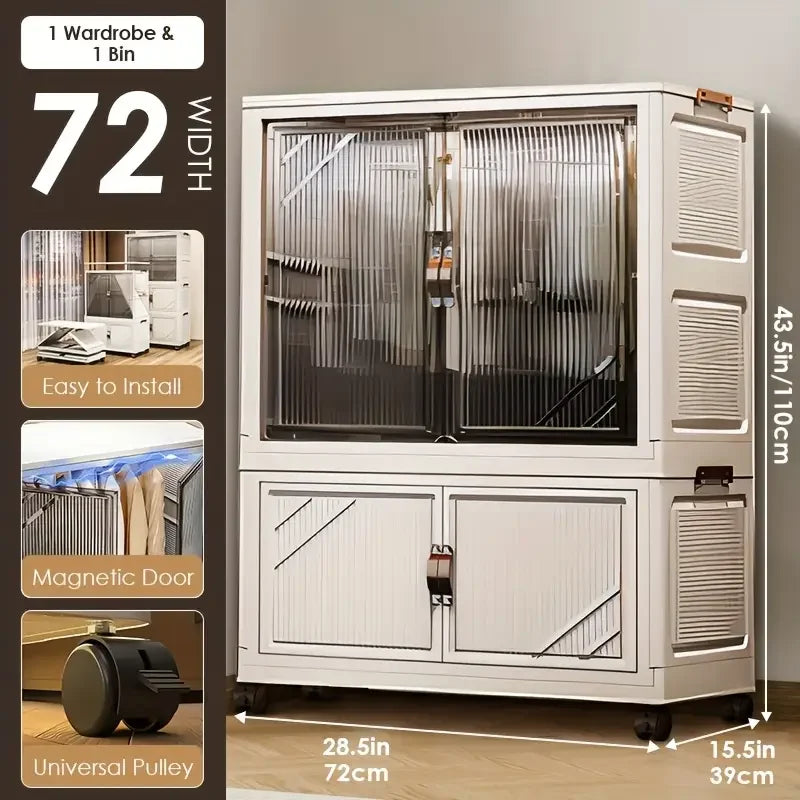 3-Tier Foldable Kids Wardrobe Storage Cabinet with Magnetic Doors & Wheels，Customizable Setup for Home Nursery Organization Aimak Store