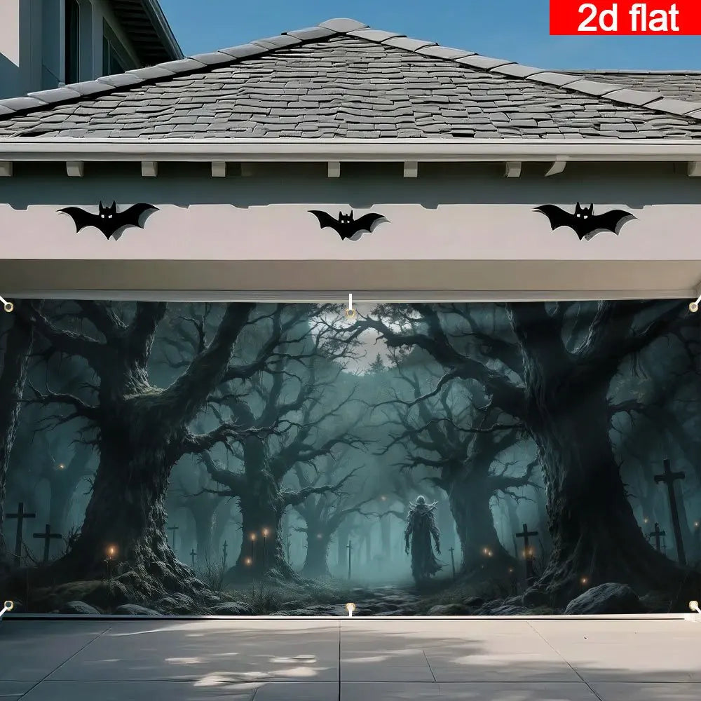 2D banner 1 piece, Halloween Garage Door - Scary forest, Cape figure, Twisted tree, garage door cover Halloween decoration Aimak Store