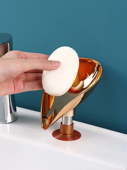 1pc- Gold Leaf shaped Soap tray Bathroom Toilet perforation-free drain soap rack Soap box