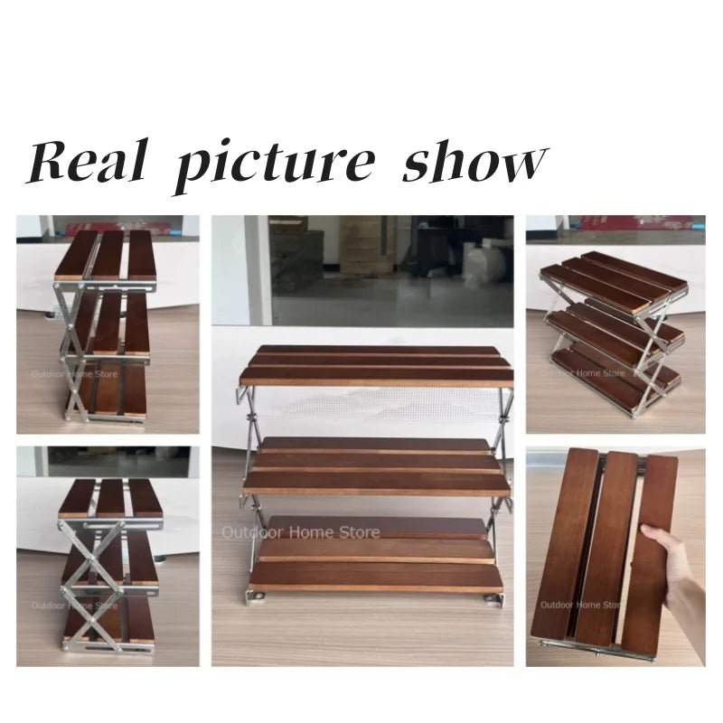 Camping Folding Shelf Outdoor Garden Wood Coffee Table Portable Lightweight Storage Rack Picnic Tourist Adjustable Shell Table Aimak Store